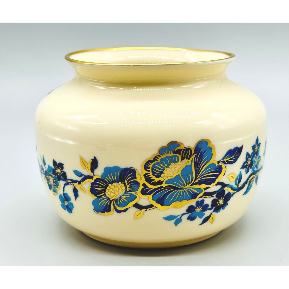 Lenox Pagoda Vase Cream Blue Gold Floral Chinoiserie Round Pot Belly USA